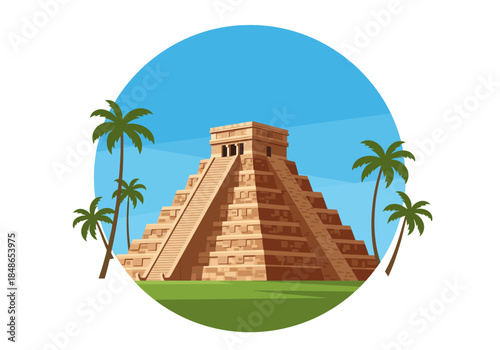Illustration of the Pyramid of Kukulcán at Chichen Itza with Palm Trees.