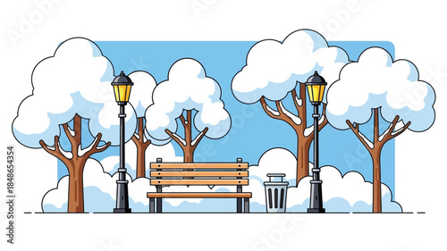 A serene winter park scene with trees a bench and illuminated lampposts