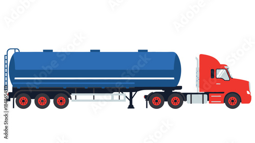 A red tractor unit pulling a large blue tanker trailer side view