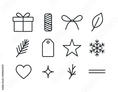 Fractal Snowflake Icons. Fractal snowflake crystals. Line outline icon set of Fractal snowflake crystals: