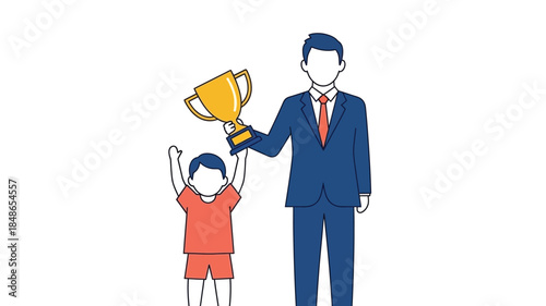 A proud father and son celebrating a victory with a golden trophy