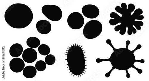 Cell and bacteria silhouettes on white background