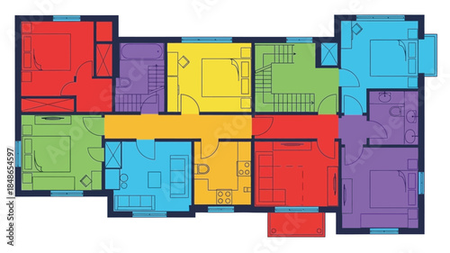 Colorful floor plan illustration depicting multiple apartment units within a building