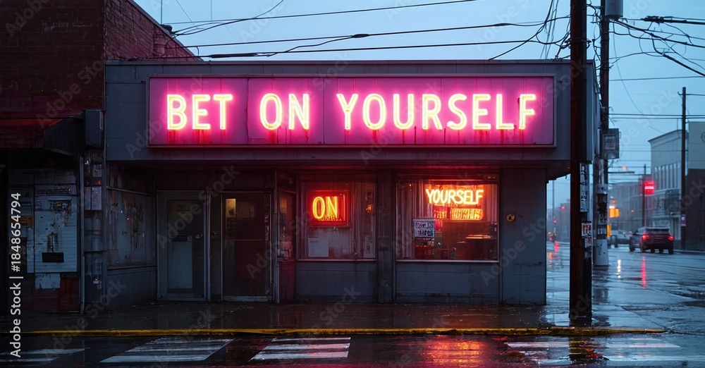 Naklejka premium Small business storefront displays bright neon sign. Wet street reflects lights, creating moody urban scene. Dusk setting adds dramatic effect.