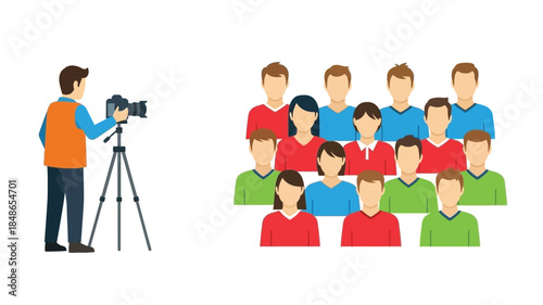 Photographer capturing a group portrait of diverse people in a studio setting