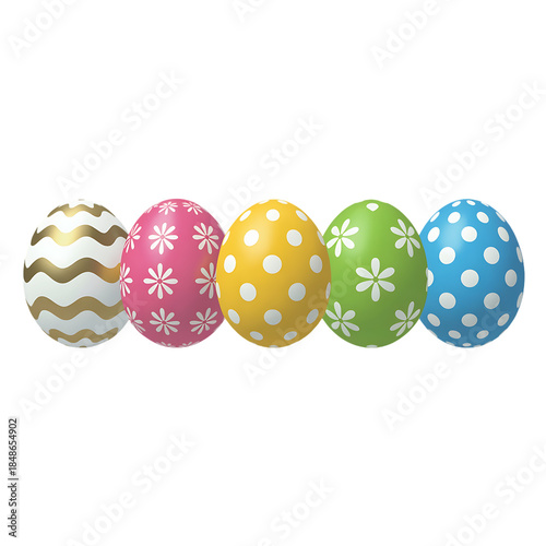 A set of five decorative Easter eggs arranged in a horizontal line on transparent background
