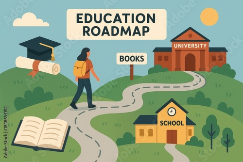 Student educational roadmap illustration, a path from school to university for career goals.