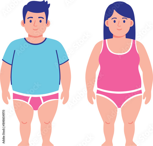Cute cartoon vector illustration of a plus-size male and female figure standing together, representing body positivity, diversity, and different body shapes and sizes