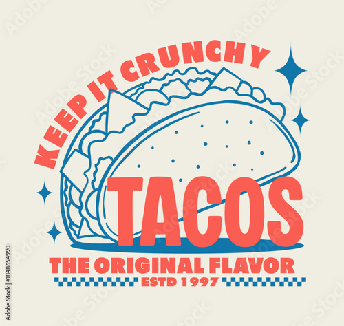 Retro taco illustration in a colorful hand drawn style. Perfect for T-shirt design, apparel, streetwear, poster, and sticker