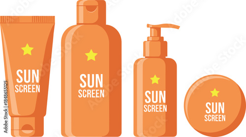 Set of flat design vector illustrations showing four different common sunscreen and sun protection product packaging mockups, including tubes, bottles, and pump dispensers in orange
