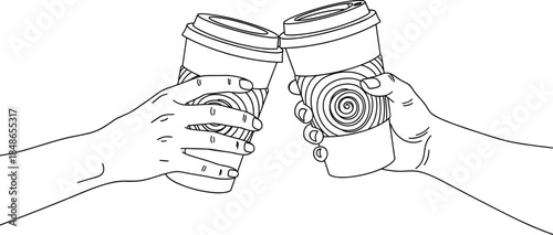 Detailed black and white vector line illustration depicting two hands making a celebratory cheers or toast gesture with disposable coffee cups, symbolizing collaboration and break time