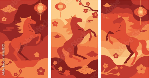 Vibrant collection of three spirited horses celebrating the festive Chinese New Year tradition