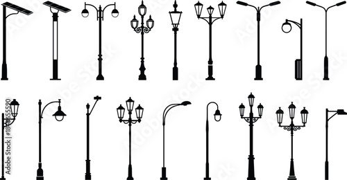Assortment of black silhouette street lights and lampposts pole