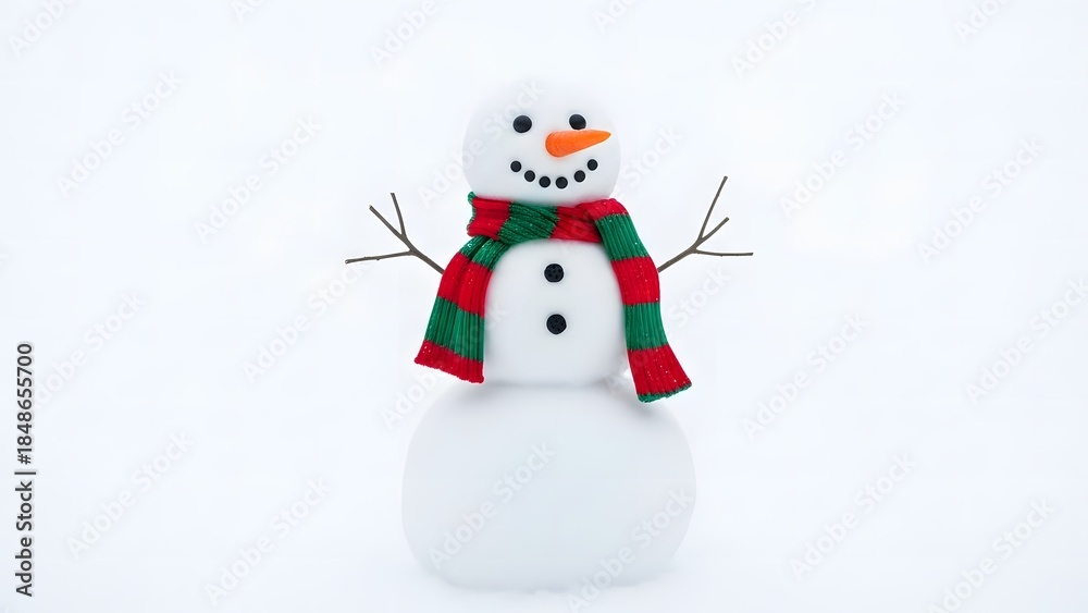 Fototapeta premium Smiling snowman with red green scarf, orange carrot nose, coal buttons, and stick arms, winter day