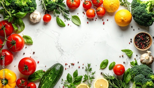 Fresh vegetables and herbs arranged on white background
