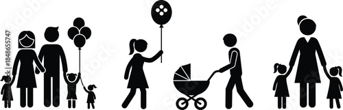 Black and White Stick Figure Icons of Families with Children and Stroller family parents