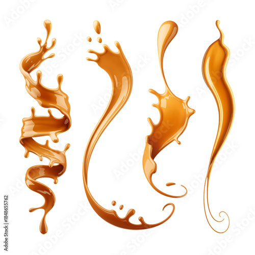 A set of four artistic illustrations of caramel or golden liquid splashes on transparent background