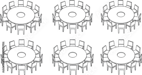 Minimalist top-down vector illustration of a corporate event floor plan detailing three large round audience tables and a central rectangular head table layout arrangement