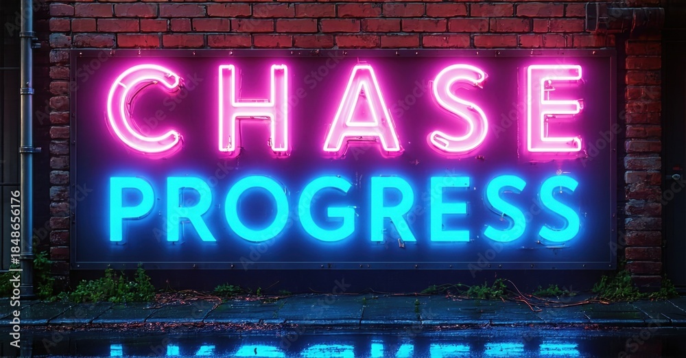 Obraz premium Bright neon sign displays Chase Progress against brick wall. Dark background emphasizes glowing text, creating vibrant urban scene.