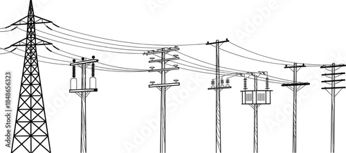 Overhead Power Lines and Electrical Infrastructure with Transmission Tower Keywords: electricity, power, energy, transmission