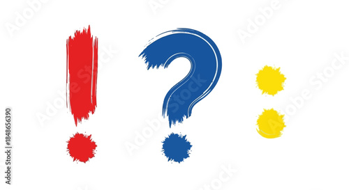 Colorful Brushstroke Punctuation Marks on White Background.