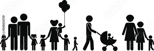 Silhouettes Of Families With Children And Baby Stroller On White Background family people