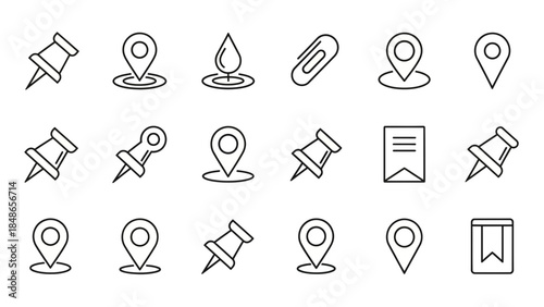 Vector Icon Set Pushpins Location Markers Raindrops Paperclips Checkmarks Graphics