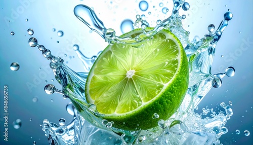 A halved green lime splashes into clear water with ice cubes creating a dynamic spray of droplets against a blue background
