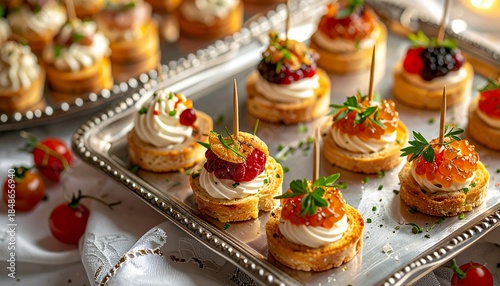 Ornate silver trays hold assorted canapés topped with cream cheese caviar and fruit garnished with fresh herbs