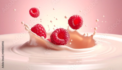 Several red raspberries are suspended midair as they fall into a creamy pink liquid creating a crownshaped splash