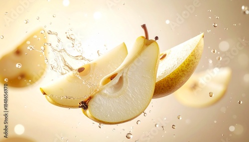 Sliced pears float midair against a warm glowing background accompanied by a splash of liquid and scattered droplets