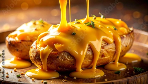 Thick yellow cheese sauce is poured over baked potatoes on a wooden board The dish is garnished with small green herbs and spices
