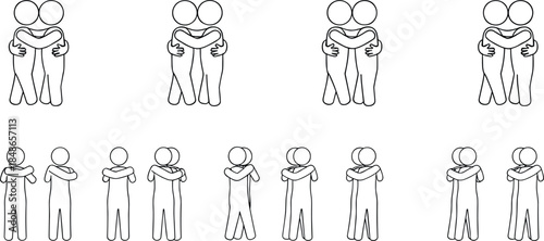People hugging icon set showing friendship, support, comfort, and affection gestures, minimal outline human figures for social relationships, emotions, and communication design