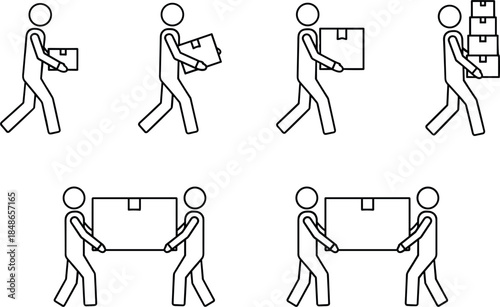 People carrying boxes and packages icon set, outline moving and delivery symbols for logistics, warehouse work, teamwork, relocation, and shipping process illustration