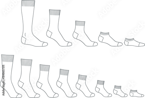 Set of outline sock size illustrations from adult to child, minimal clothing footwear icons for apparel design, fashion sizing guide, and retail infographic use