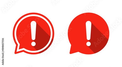 Warning alert bubble icon with long shadow. Caution, notice, and important message symbol