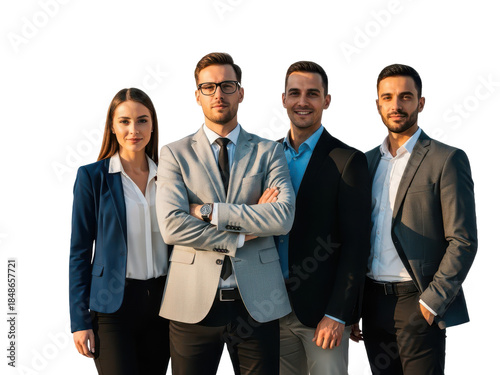 Group of four diverse business professionals standing together with arms crossed, isolated on transparent background