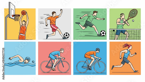 Various athletes engaging in different sports activities illustrated in a vibrant collage