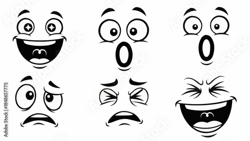 Collection of Six Expressive Cartoon Faces with Different Emotions.
