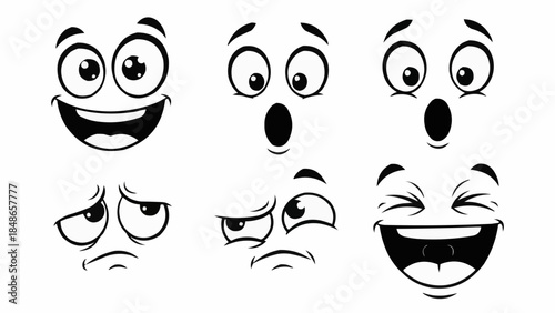Collection of Six Expressive Cartoon Faces with Different Emotions.