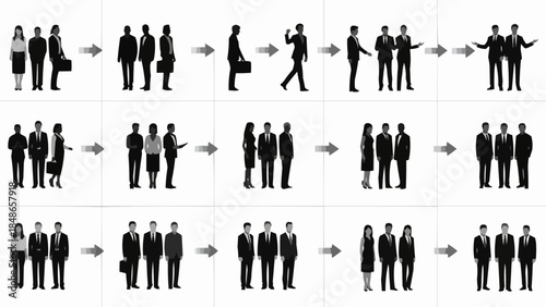 Business people in silhouette interacting and moving in a sequence.