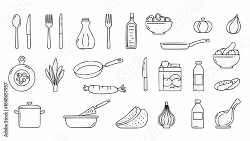 Collection of Hand Drawn Kitchen Utensils and Food Ingredients.