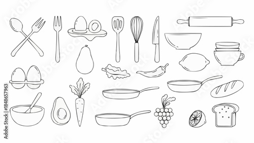 Collection of Hand Drawn Kitchen Utensils and Food Items.