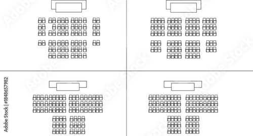 Classroom and conference seating layout outline vector set showing different desk and chair arrangements with stage position isolated on white background for education and event planning design