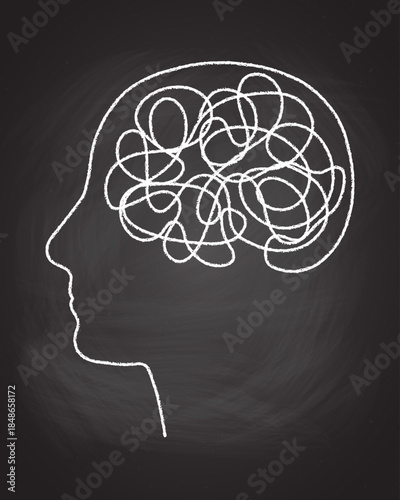 Brain tangle mental chaos line psychological stress head silhouette problem. Psychotherapy concept with scribbled line showing confused thoughts and disorder in simple design vector illustration.