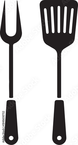 Pair of black silhouette kitchen utensils, a carving fork with two tines and a slotted spatula, on a white background representing cooking and grilling tools also transparent background