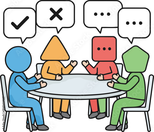Four abstract figures engaging in a lively discussion around a table indicating teamwork and varied opinions