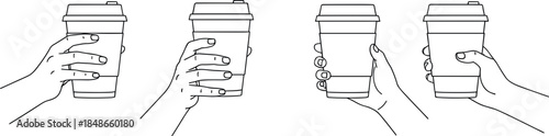 Hands holding takeaway coffee cup outline vector set showing different hand grips and angles isolated on white background for cafe, beverage, and lifestyle design