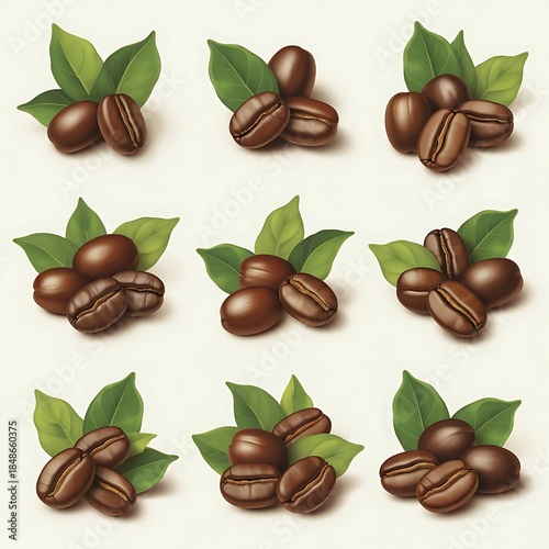 Coffee beans with green leaves on white background isolated