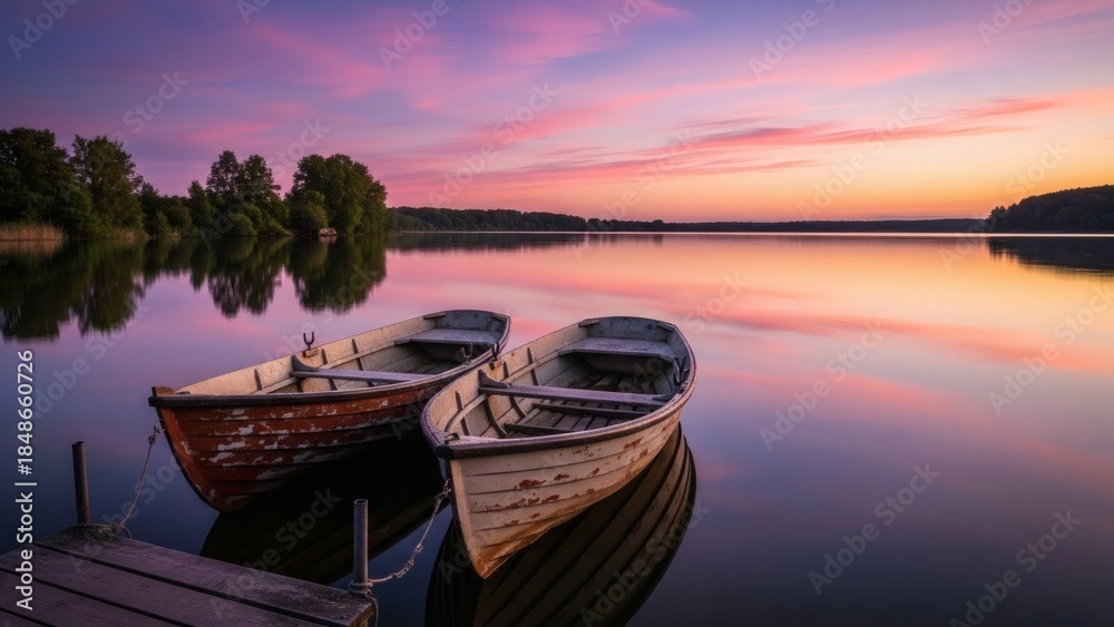 Fototapeta premium Serene lake at dusk with two boats gently floating under soft pink sky.